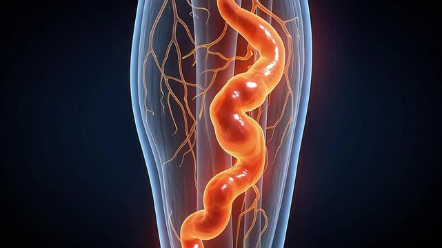 3D medical animation of varicose vein in lower leg showing tortuous dilated blood vessel inside transparent blue leg on dark background