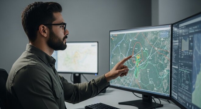 Man wearing glasses analyzing digital map data on a computer screen for surveillance and intelligence operations in an office setting