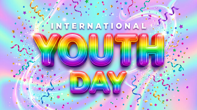 International youth day holographic rainbow text design with confetti background international holographic confetti typography