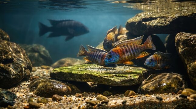 Colorful cichlid fish cluster around a rocky nesting crevice in clear freshwater, with eggs on a flat stone, a distant predator silhouette, and sandy substrate showing territorial and breeding