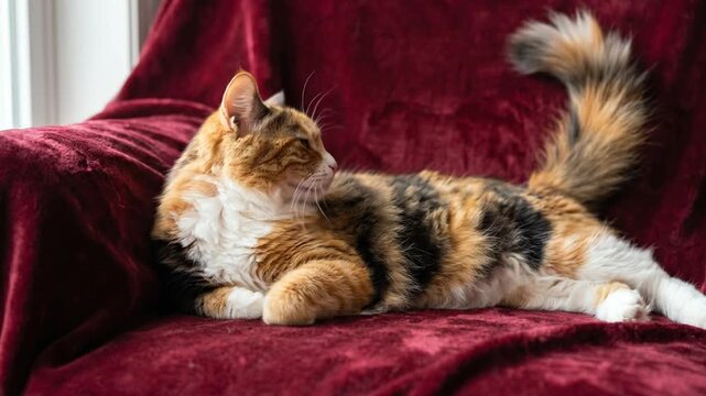 Calico Cat Relaxing on a Luxurious Red Velvet Chair, Gentle Eye Blink and Tail Swish