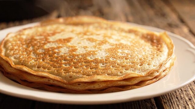 Close-up of Golden Thin Crepes or Russian Blini Folded on a White Ceramic Plate