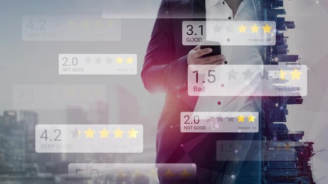 Businessman Reviewing Star Ratings on Smartphone in Urban Environment with Various Feedback Scores and Ratings Displayed in Background Gluon.