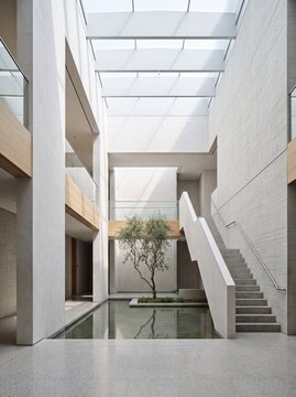 Sunlit atrium featuring a peaceful water feature and a central green tree inside a spacious residential dwelling with grand stone stairways and open levels displaying careful architectural design