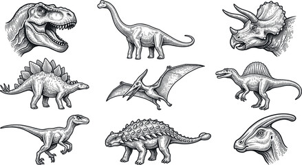 Vintage Engraved Dinosaur Illustration Set with Tyrannosaurus, Triceratops, Stegosaurus, Spinosaurus, Ankylosaurus, Pterosaur, and Prehistoric Wildlife Collection © MstSuborna
