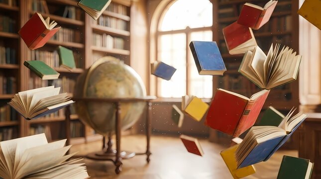 Floating books in classic library with globe.