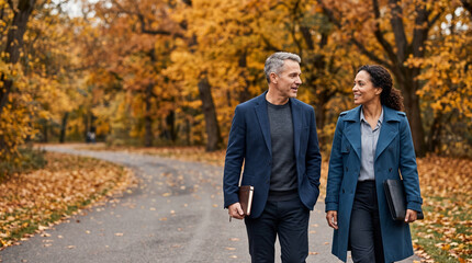 Obraz premium Two adults walking and talking in autumn park