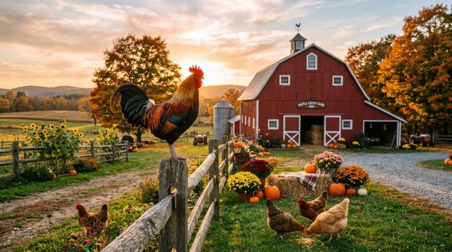 Rooster and Hens at Red Barn Autumn Farm