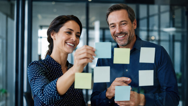 Business people planning with sticky notes on glass wall