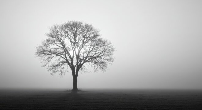 A lone tree stands in a foggy field on a gray day
