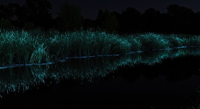 Glowing plankton illuminate a serene river at night surrounded by tall grass and trees.