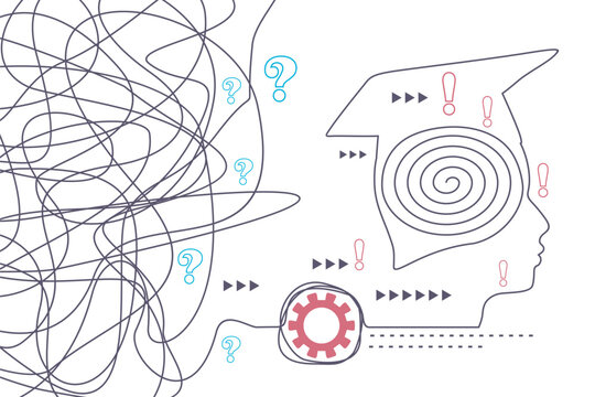 Personal growth and development. Business and education concept. Metaphor of problem solving, chaos and mess, difficult situation. Chaotic lines transformed to order spiral in male head.