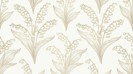 Fototapeta premium Elegant Lily of the Valley Line Art Seamless Floral Pattern