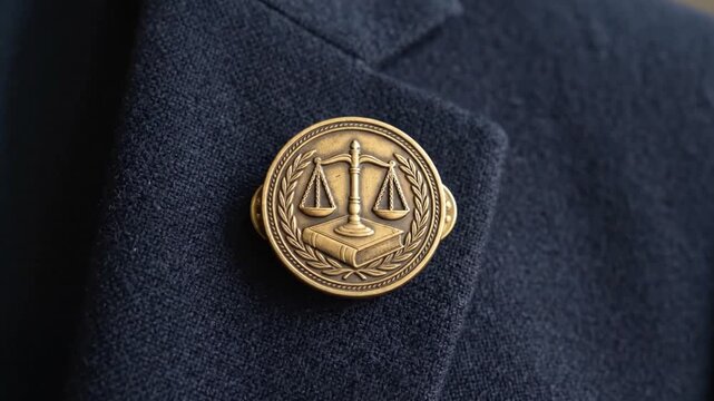 Close-up of a golden Scales of Justice emblem on a dark blue blazer, symbolizing law and justice.