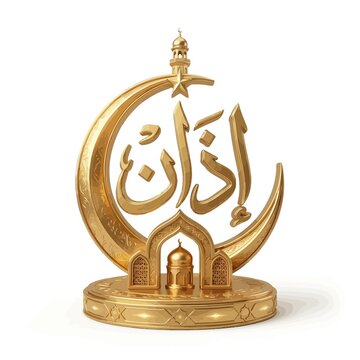 3D golden ornamental Islamic sculpture featuring Arabic calligraphy of Adhan with a crescent moon