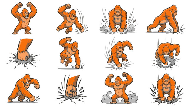 Orange gorilla action poses smashing ground and jumping.