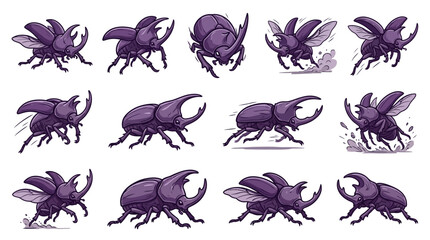 Purple rhinoceros beetle insect illustration set. © Wawa