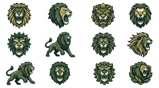 Roaring lion head logos and mascots in green.