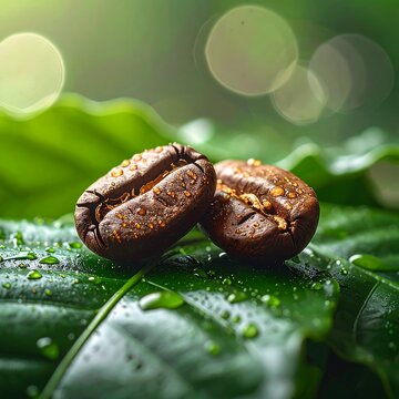 Close up of fresh coffee beans on green leaf with water droplets
