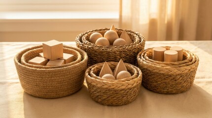 Obraz premium Natural fiber nesting baskets filled with minimalist wooden geometric blocks, arranged in a warm sunlit room to provide a clean and aesthetic way to organize toys and educational objects for home.