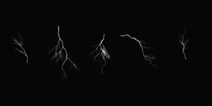 Lighting. Vector llustration of realistic lighting thunderbolt on black background. Lightning bolts on black background, electricity storm effect. Lightning bolts on black background, electric storm