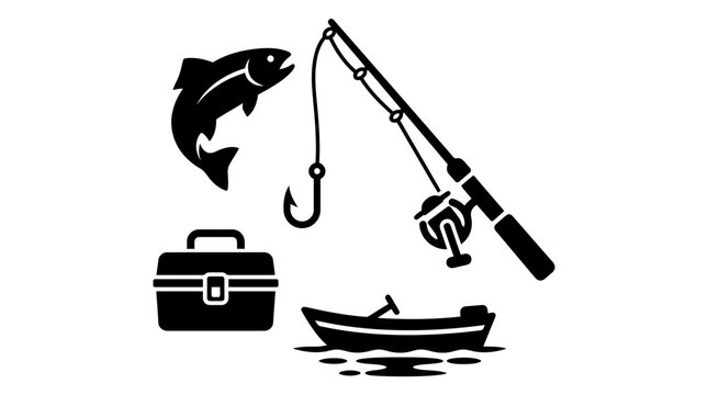 Fishing Icon Set with Rod Fish Hook Tackle Box Outdoor Sport Symbols