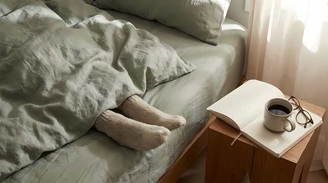 Feet in socks on bed near coffee and notebook.