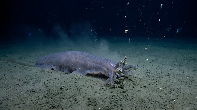 Deep sea cucumber with tentacles feeding on the ocean floor