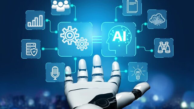 Futuristic Robotic Hand Reaching Toward AI Concept With Data Visualization and Technology Icons Representing Innovation and Automation. Entropy.