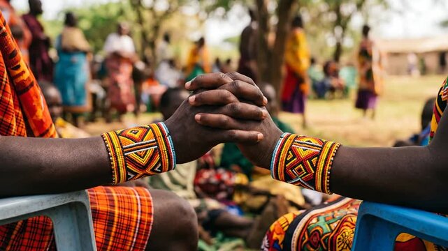 Close-up of two African women holding hands, wearing traditional vibrant beaded bracelets and colorful clothing.