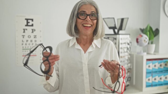 Woman smiling and holding multiple eyeglass frames in an optical clinic inside a building; style joy.