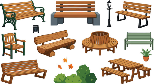 Park bench collection featuring wooden benches outdoor seating picnic table street furniture and public park vector illustration set