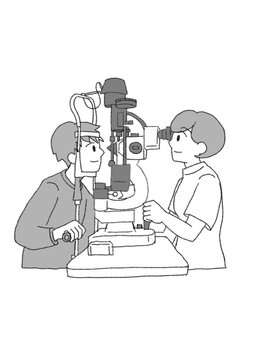 Monochrome cartoon of an ophthalmic technician performing a fundus eye exam on a patient, black and white line art on a white background
