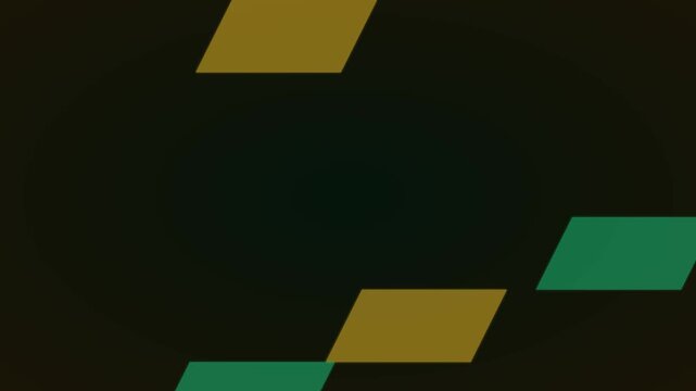 Abstract geometric motion animation 4k background, with floating green, and gold parallelograms, on dark gradient