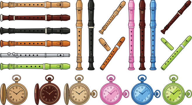 Recorder flute collection featuring soprano recorders wooden flutes colorful instruments and pocket watches vector illustration set