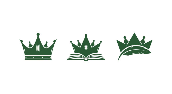 Three green crown icons with book and wave designs.