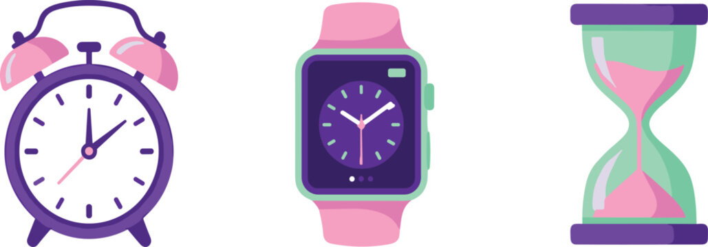 Time management icons set featuring vintage twin bell alarm clock modern smartwatch and classic hourglass sand timer