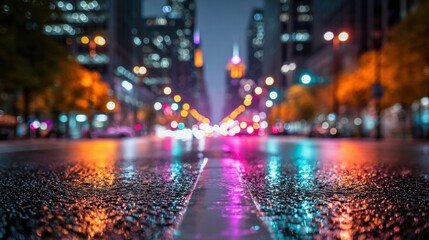 Obraz premium City street at night with colorful lights reflecting on wet pavement.