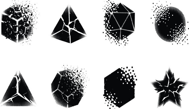 Vector set of abstract black geometric shapes with shatter, disintegration, and halftone pixel dispersion effects