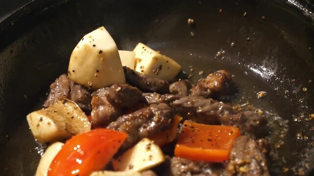 close-up footage of a delicious, savory beef stir fry being prepared in a skillet. The dish features tender strips of beef, vibrant red bell peppers, and golden potato chunks, seasoned with cracked bl