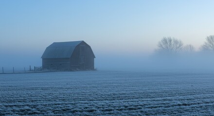 Naklejka premium A serene barn stands alone in a frosty field on a foggy morning.