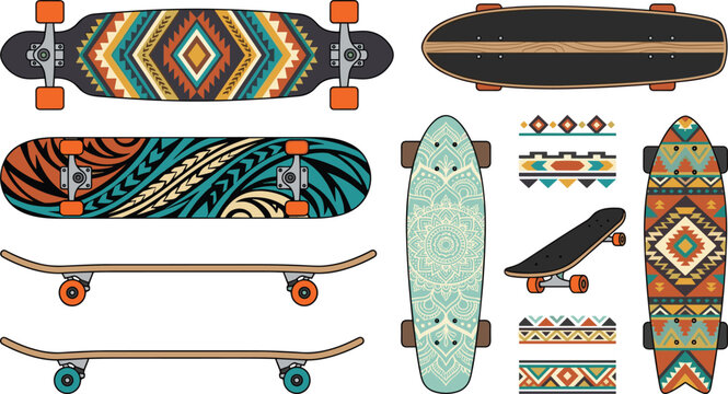 Skateboard collection featuring longboards cruiser skateboards colorful deck designs and extreme sports vector illustration set