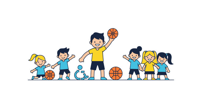 Children Playing Basketball Together.