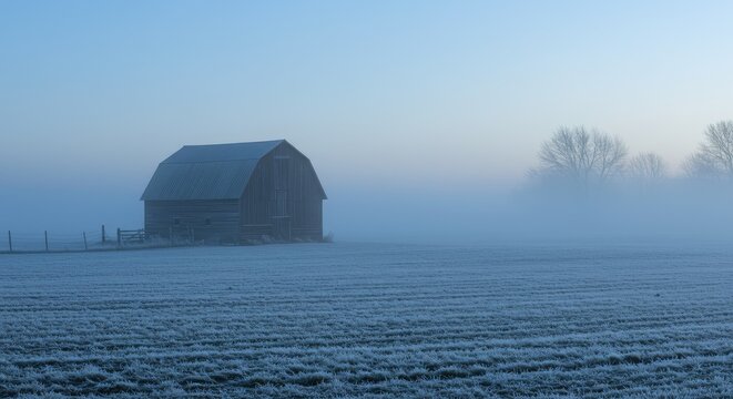 A serene barn stands alone in a frosty field on a foggy morning.