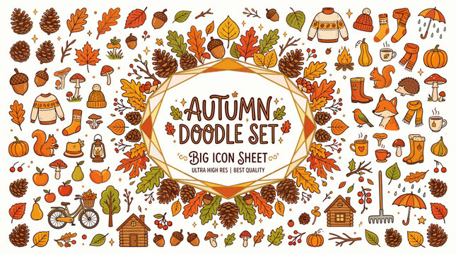 Autumn doodle icons set with fall elements and objects