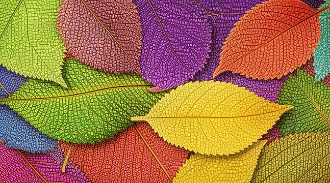 Vibrant colorful autumn leaves pattern background with detailed veins