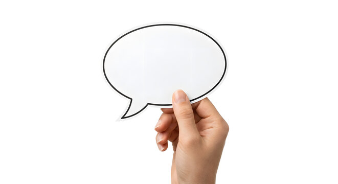 Hand holding blank white speech bubble mockup