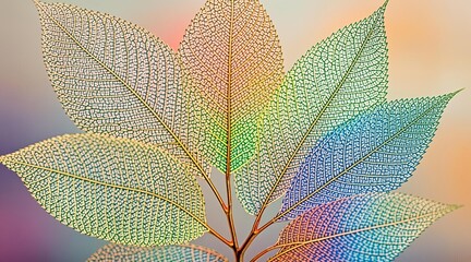 Naklejka premium Rainbow Colored Skeleton Leaves on Abstract Soft Background Texture