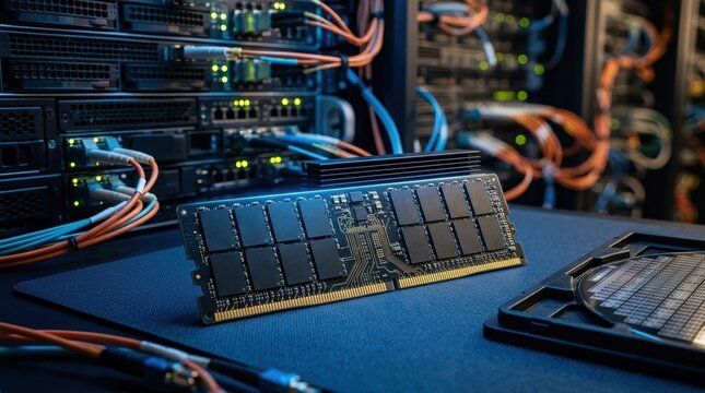 Macro shot of a DRAM memory module on an anti-static mat beside stacked server blades, fiber-optic cables, and a silicon wafer tray, illustrating tightening memory supply as data-center demand surges