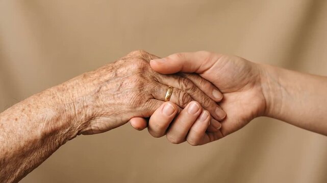 Gentle handshake between an elderly person and a younger person, symbolizing connection, support, and generational bond.